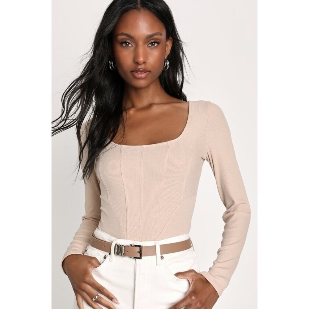 Lulus Style Skills Beige Ribbed Knit Long Sleeve Corset Bodysuit - Size M